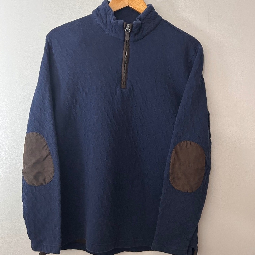 Jos A‎ Bank Sweater Mens Medium Navy Blue 1/4 Zip Pullover Elbow Patches
